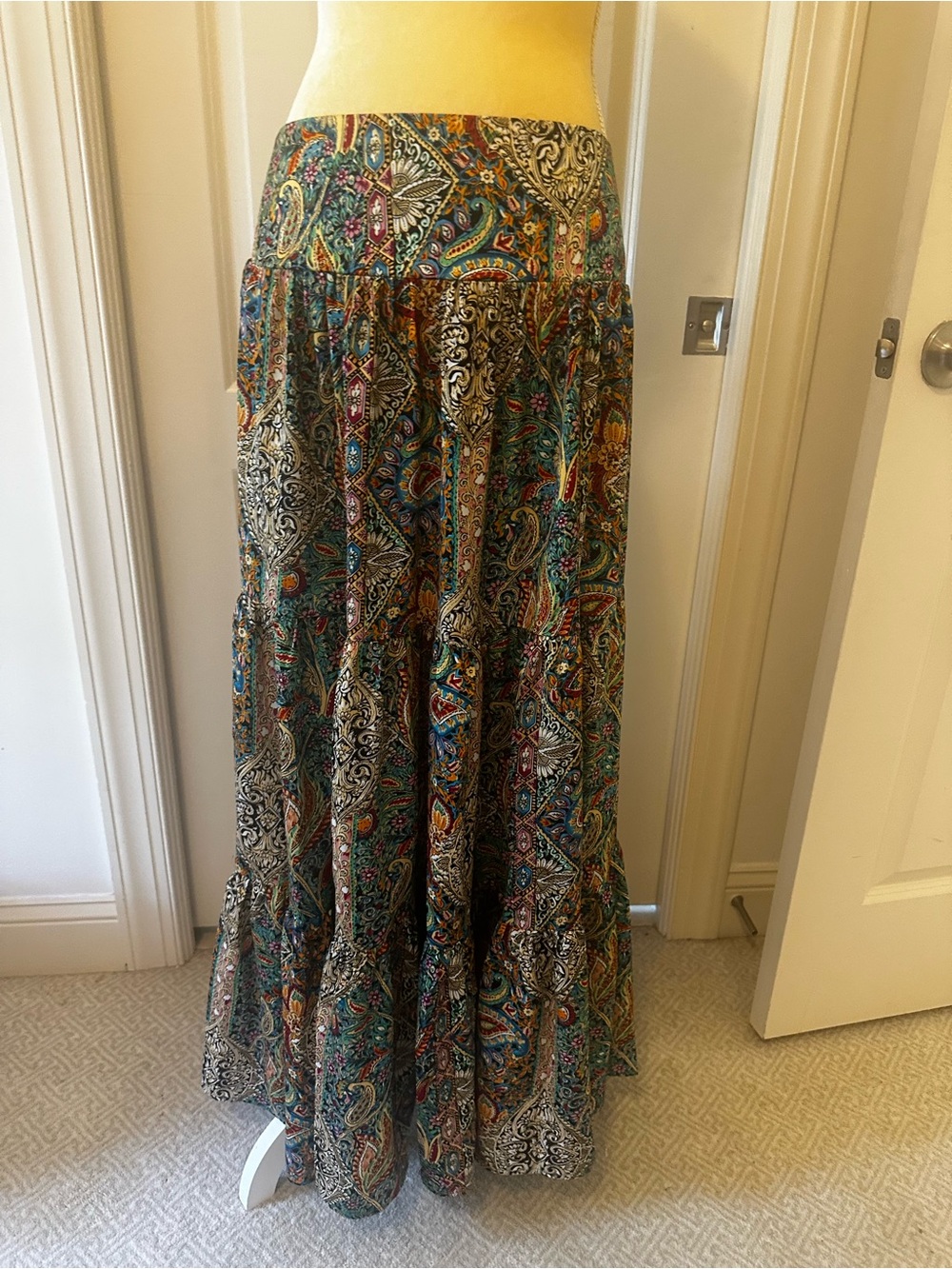 NATURAL LIFE Multicolor Paisley Tiered Maxi Skirt Boho Silky XL elastic waist
